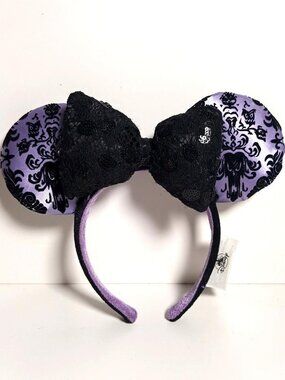 Disney Parks Haunted Mansion Minnie Mouse Ears Headband Wallpaper Print Lace Bow